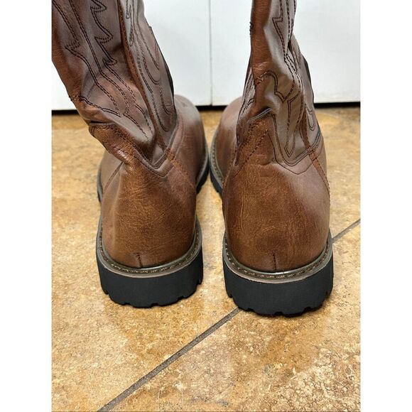 Mens Brown Fashion Western Boots Classic Embroidered Pull On Slip Resistant Cowb - Picture 4 of 9